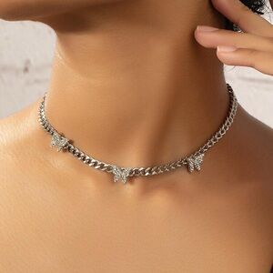 Silver Rhinestone Butterfly Choker Necklace